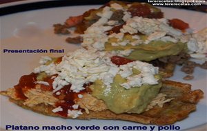 
plátano Macho Verde Frito (tostón, Patacón) Con Carne Picada Y Pollo
